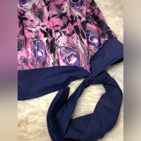 Women's Purple and Black Peacock Feather detail Swim Top size 10 NWT - Picture 7 of 11